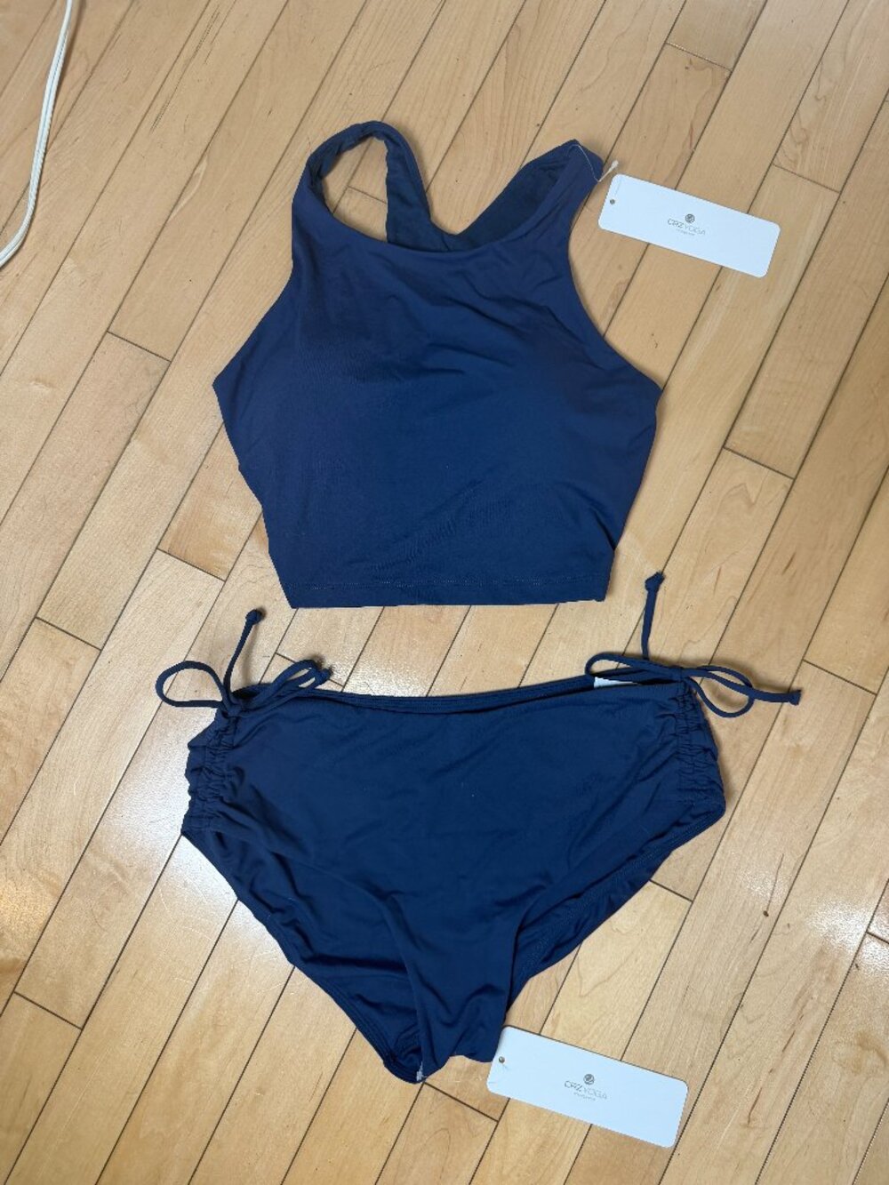 CRZ YOGA High Neck Tankini Top & Side Ruche Bikini Bottom Set Navy Blue Size S